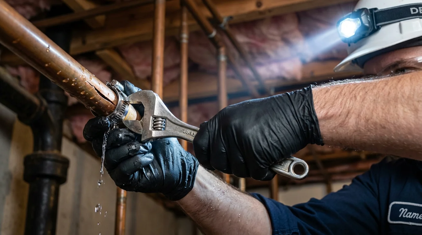 Emergency pipe clamp repair being performed by a Johns Plumbing LLC plumber in Clarion