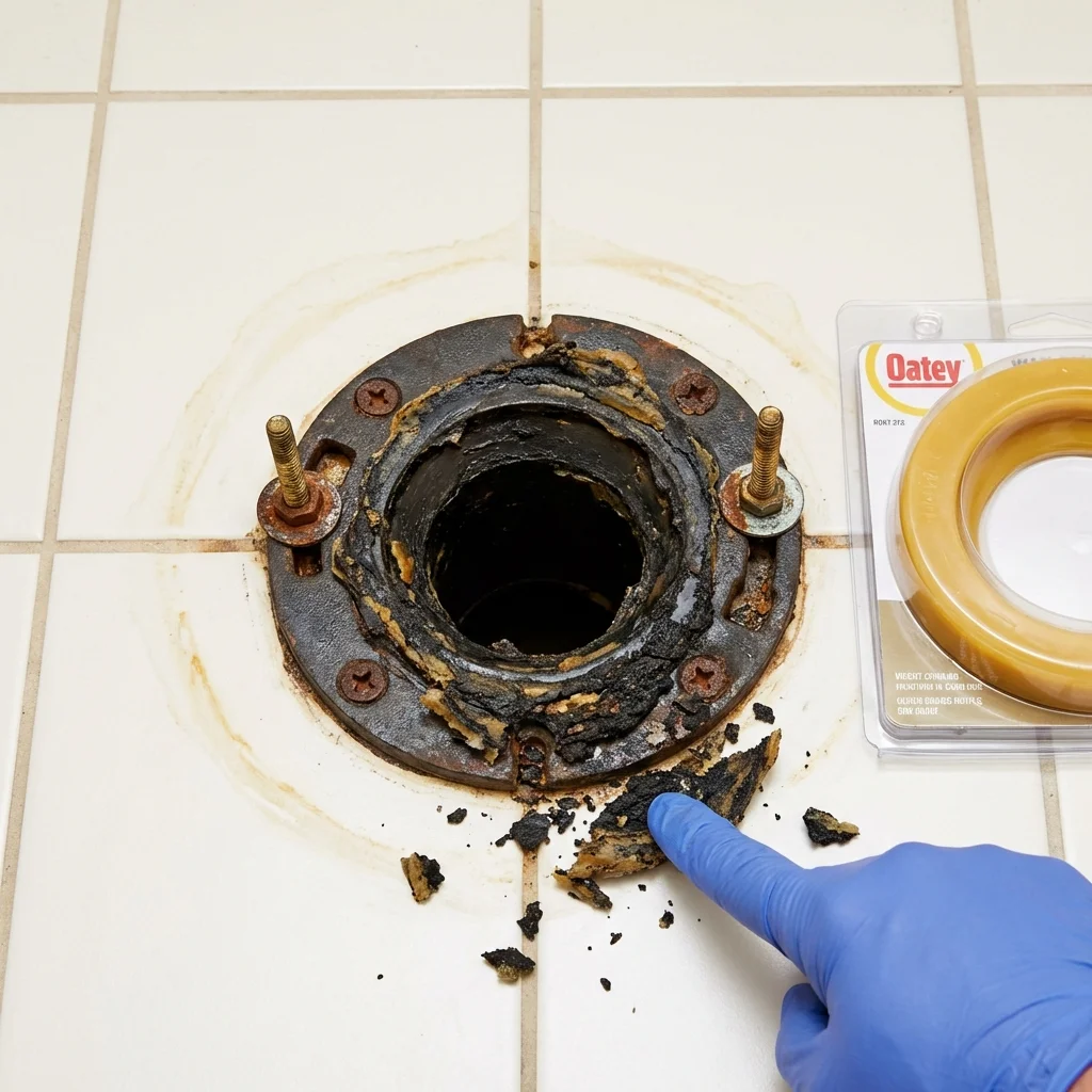 Failed wax ring showing water seepage at the base of a toilet in a Clarion, IA home